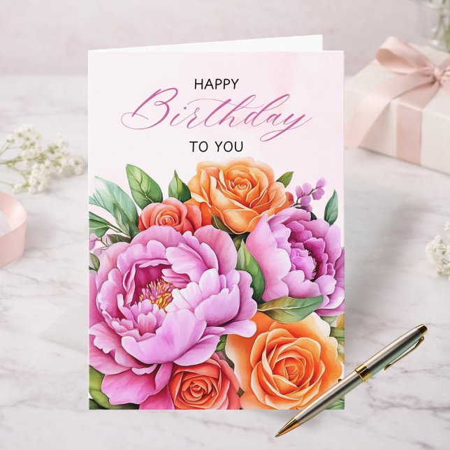 Elegant Floral Happy Birthday Card | Pink Peonies (Creator Uploaded)