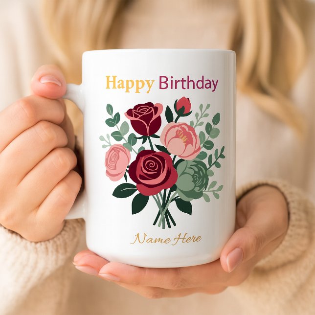 Elegant Floral Happy Birthday Personalized Name  Coffee Mug (Creator Uploaded)