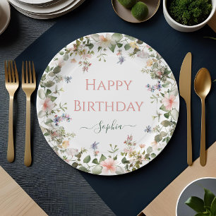 Elegant Floral Happy Birthday – Personalized Party Paper Plates