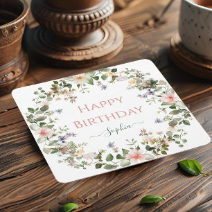 Elegant Floral Happy Birthday – Personalized Party Square Paper Coaster