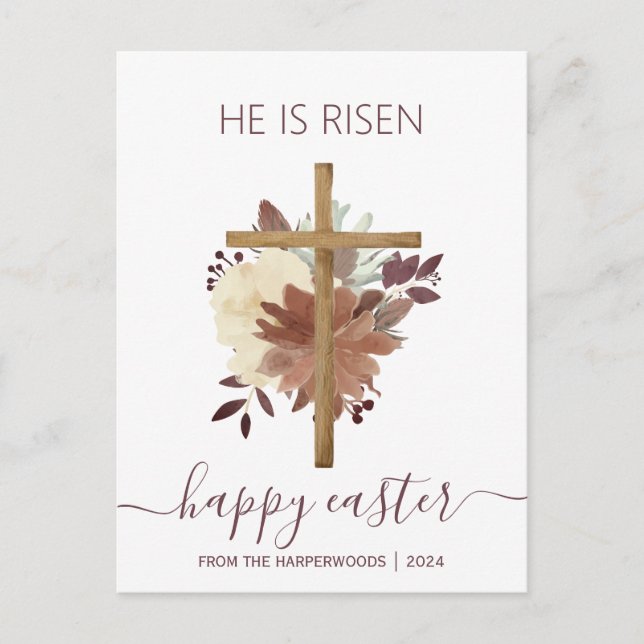 Elegant Floral Happy Easter Cross Christian Holiday Postcard (Front)