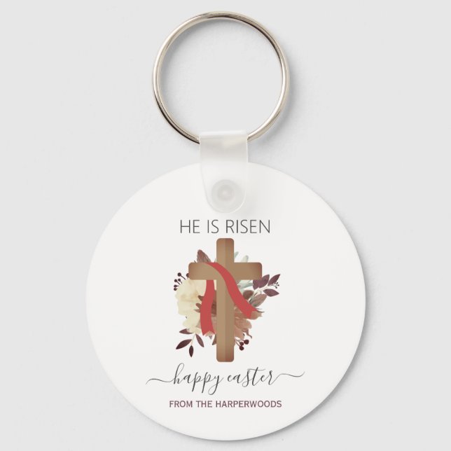 Elegant Floral Happy Easter Cross Christian Keychain (Front)