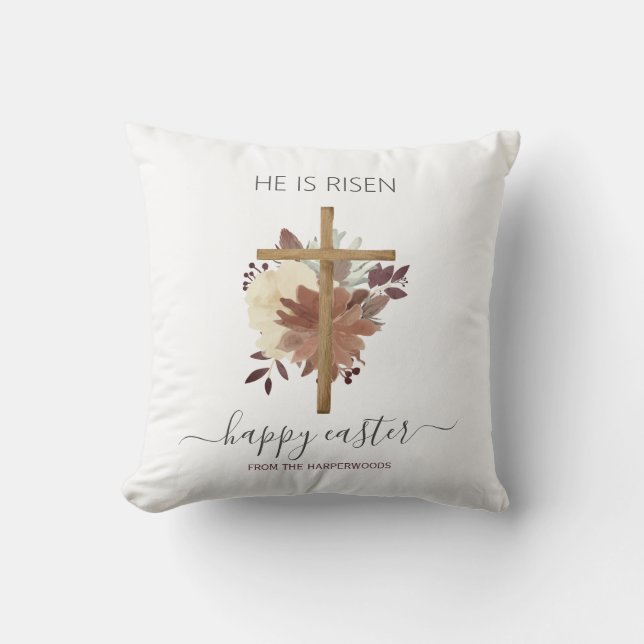 Elegant Floral Happy Easter Cross Christian Throw Pillow (Front)