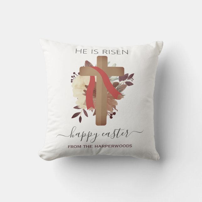 Elegant Floral Happy Easter Cross Christian Throw Pillow (Front)