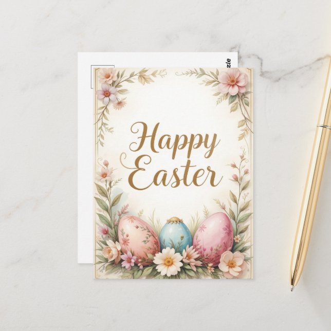 Elegant Floral Happy Easter Greeting  Postcard (Front/Back In Situ)