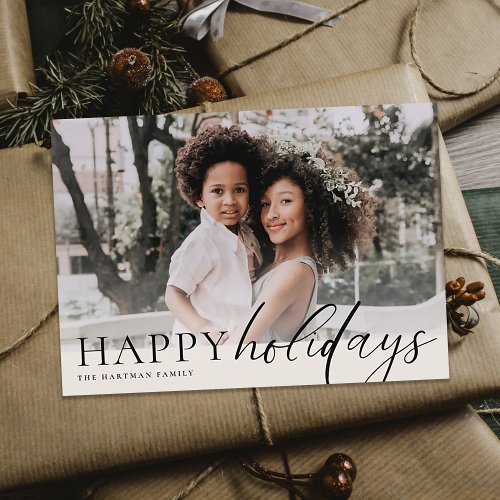 Elegant Floral Happy Holidays Black Ivory Photo    Holiday Card