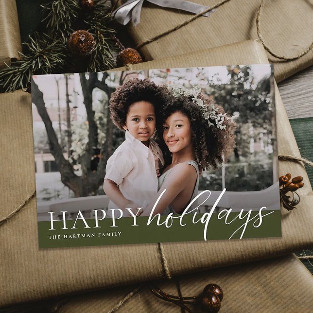 Elegant Floral Happy Holidays Olive Green Photo    Holiday Card (Creator Uploaded)