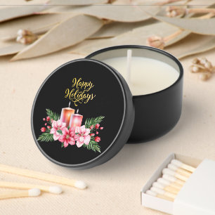 Elegant Floral Happy Holidays on Black Mini Candle Favors