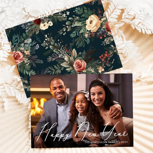 Elegant Floral Happy New Year Script Photo Holiday Card
