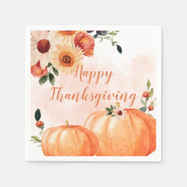 Elegant Floral Happy Thanksgiving Napkins (Front)