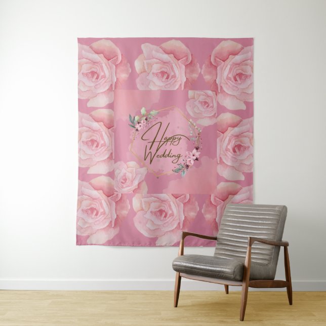 Elegant Floral "Happy Wedding" Tapestry – Large (In Situ)