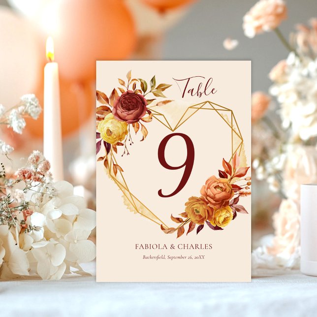 Elegant Floral Heart Boho Fall in Love Wedding Table Number (Creator Uploaded)
