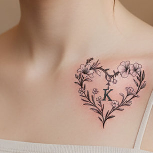 Elegant Floral Heart Monogram Custom Letter Temporary Tattoos