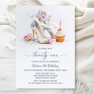 Elegant Floral High Heel Shoes 21st Birthday Party Invitation