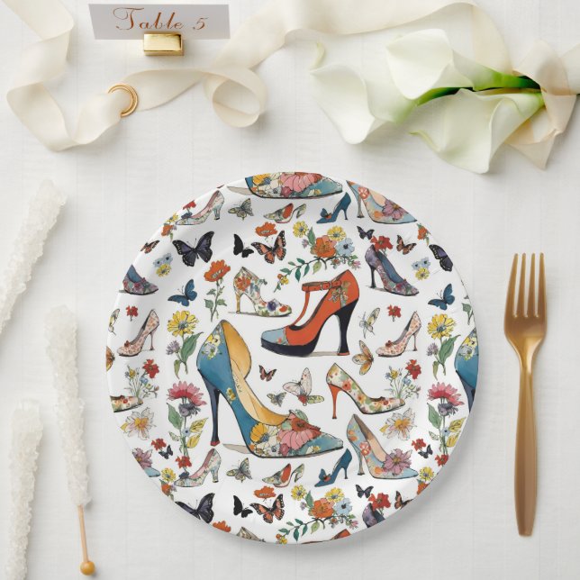 Elegant Floral High Heel SHOES Flowers Butterflies Paper Plates (Wedding)