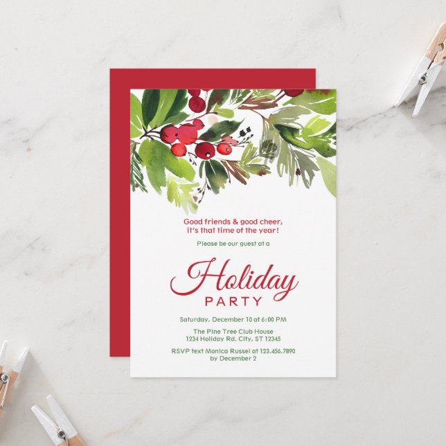 Elegant Floral Holiday Party Invitation (Front/Back In Situ)