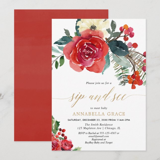 Elegant floral holiday sip see meet greet baby invitation (Front/Back)