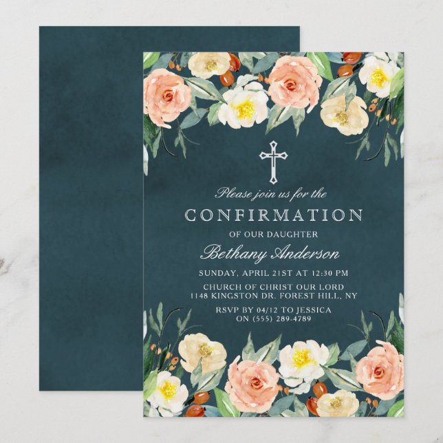 Elegant Floral Holy Communion Or Confirmation Invitation (Front/Back)