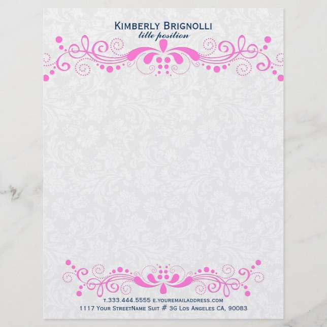 Elegant Floral Hot Pink Lace With White Damasks Letterhead (Front)