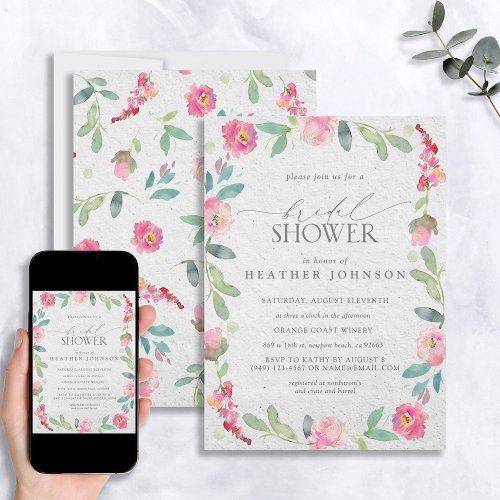 Elegant Floral Hot Pink Watercolor Bridal Shower Invitation
