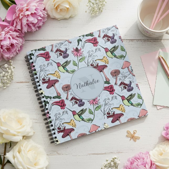 Elegant Floral Hummingbird Pattern Blue Notebook (Pretty Colibri & Flowers Blue Pattern.Feminine Monogram Square Hummingbird Garden Notebook for Her)