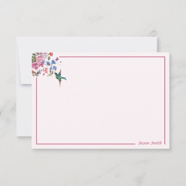 Elegant Floral Hummingbird Personalized Note Card (Front)
