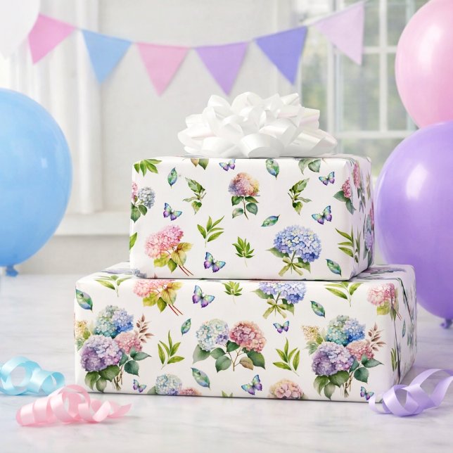 Elegant Floral Hydrangea Butterfly Gift Wrapping Paper (Creator Uploaded)
