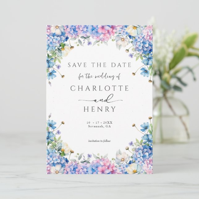 Elegant Floral Hydrangea Modern Garden Save The Date (Standing Front)
