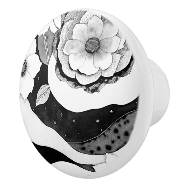 Elegant Floral in Black and White Ceramic Knob (Right)
