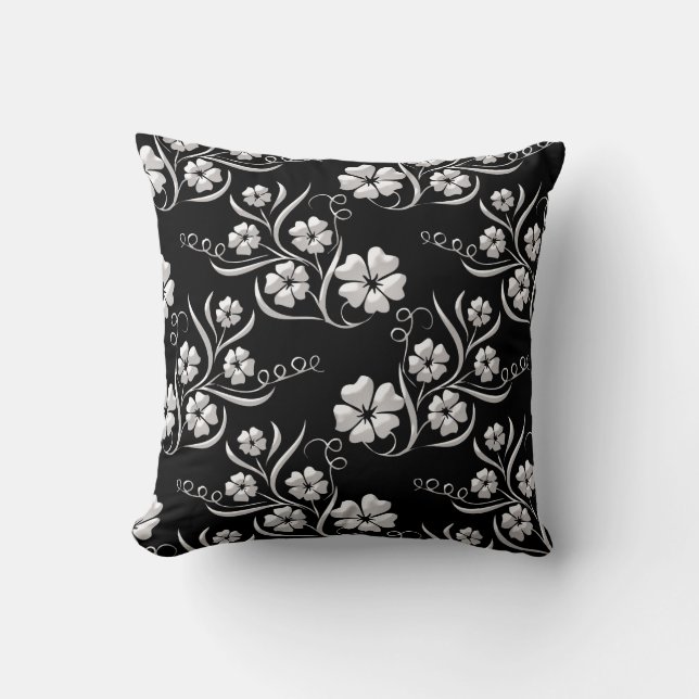 Elegant Floral in Black and White Throw Pillow (Front)