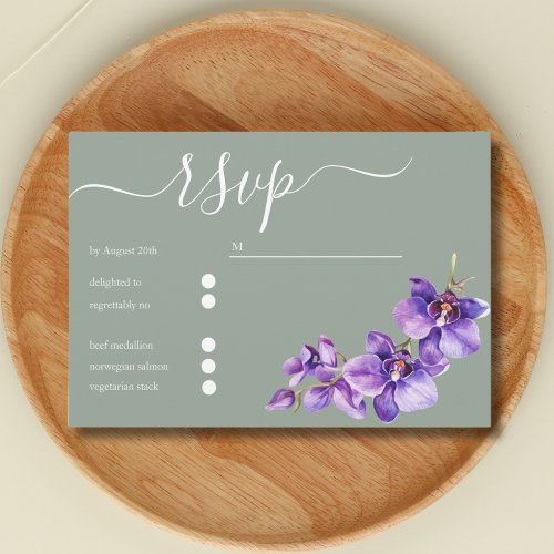 Elegant  floral in Saga Green with script  wedding RSVP Card