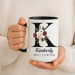Elegant Floral Initial Custom Mug Gift for Lawyer
