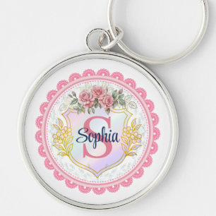 Elegant Floral Initial & Name Monogram Keychain