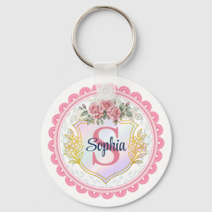 Elegant Floral Initial & Name Monogram Keychain