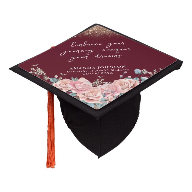 Elegant Floral Inspirational Quote Maroon  Graduation Cap Topper (Angled)