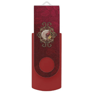 Elegant Floral Jewel on Burgandy Damask USB Flash Drive