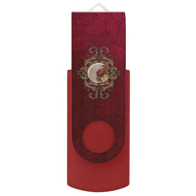 Elegant Floral Jewel on Burgandy Damask USB Flash Drive (Front Vertical)