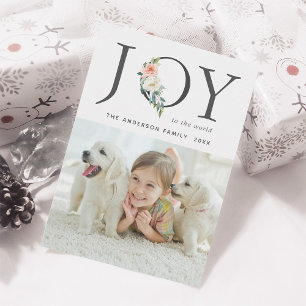 Elegant Floral Joy Christmas Holiday Photo Card