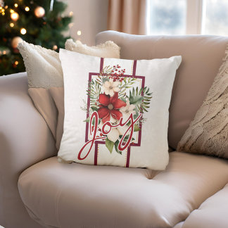 Elegant Floral Joy Script Christmas Throw Pillow