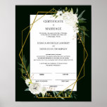 Elegant Floral Keepsake Certificate of Marriage Poster<br><div class="desc">Elegant Floral Keepsake Certificate of Marriage Poster is one of the most beautiful keepsakes you will ever have to remember your very special day. The white watercolor flowers including hydrangea, rose, anemone, peony and mum decorate an elegant gold metallic double hexagon frame to add a modern vibe to this elegant...</div>
