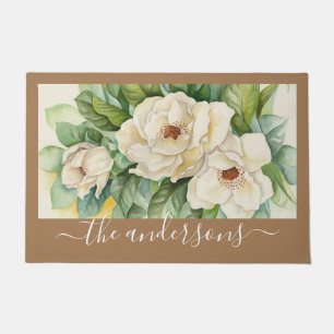 Elegant Floral Khaki Magnolia Flowers Name Script Doormat