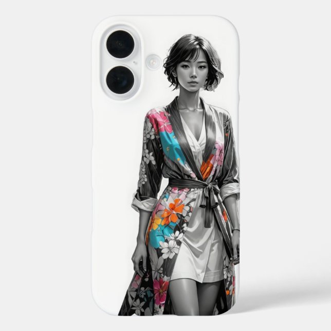 Elegant Floral Kimono iPhone 16 Case (Back)