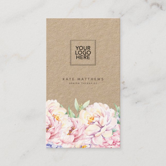 Elegant Floral Kraft Business Card with QR code  (Front)