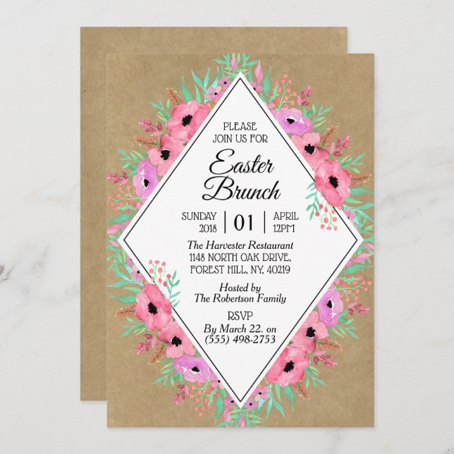 Elegant Floral Kraft Easter Brunch Invitation (Front/Back)