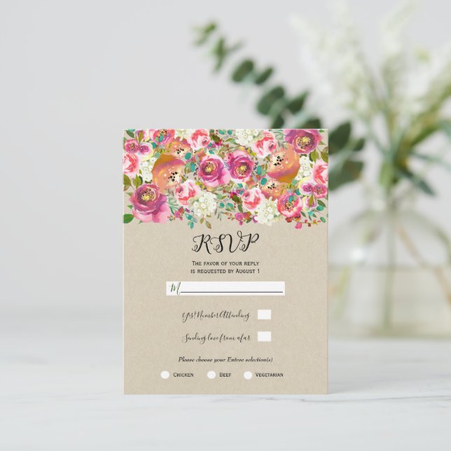 Elegant Floral Kraft Shabby Chic Wedding RSVP Invitation (Standing Front)