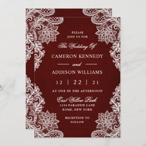 Elegant Floral Lace Burgundy Wedding Invitation