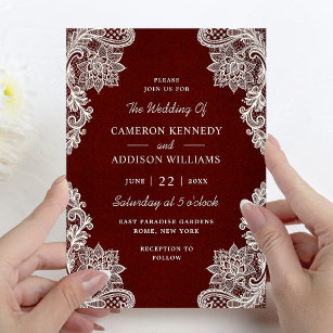 Elegant Floral Lace Modern Burgundy Wedding Invitation