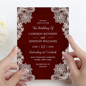 Elegant Floral Lace Modern Burgundy Wedding Invitation by girlygirlgraphics at Zazzle