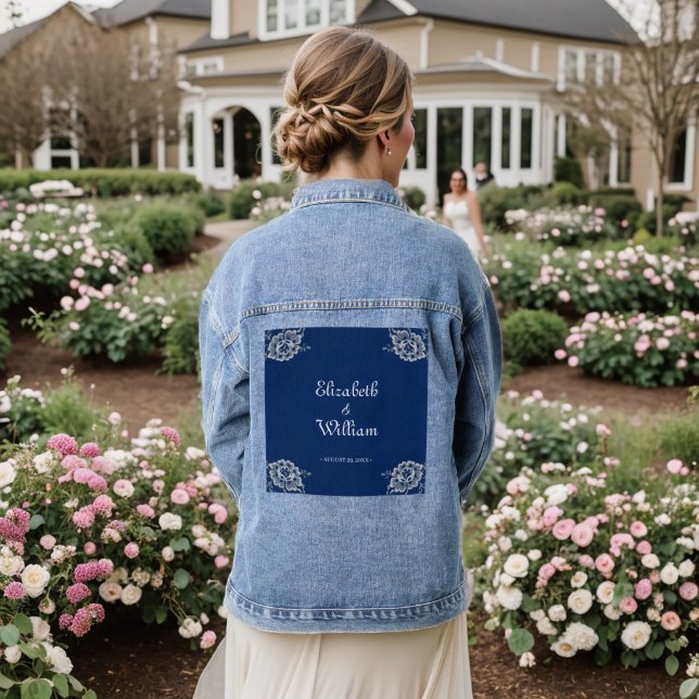 Elegant Floral Lace on Navy Blue Wedding Denim Jacket (Wedding Back)