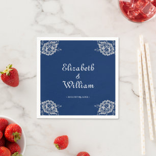Elegant Floral Lace on Navy Blue Wedding Napkins